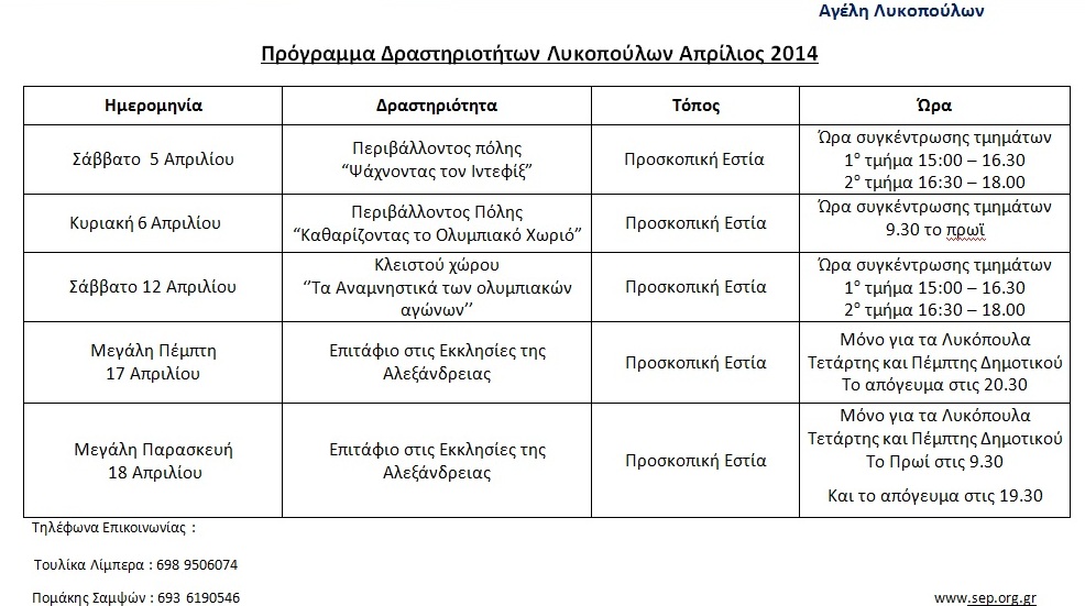 Το πρόγραμμα δραστηριοτήτων των Λυκόπουλων Αλεξάνδρειας για τον Νοέμβριο